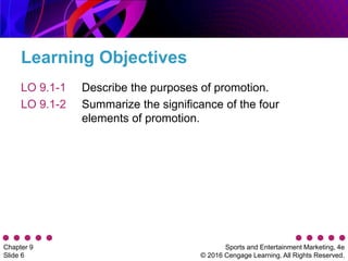 Sports and Entertainment Marketing, 4e
© 2016 Cengage Learning. All Rights Reserved.
Chapter 9
Slide 6
Learning Objectives
LO 9.1-1
LO 9.1-2
Describe the purposes of promotion.
Summarize the significance of the four
elements of promotion.
 