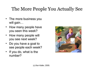 The More People You Actually See The more business you will gain… How many people have you seen this week? How many people will you see next week? Do you have a goal to see people each week? If you do, what is the number?  