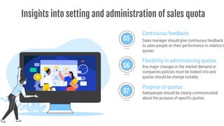 Insights into setting and administration of sales quota
02
03
05
01
01
01
01
05
06
07
Sales manager should give continuous feedback
to sales people on their performance in relation t
quotas
Any major changes in the market demand or
companies policies must be looked into and
quotas should be change suitably
Salespeople should be clearly communicated
about the purpose of speciﬁc quotas
Continuous feedback
Flexibility in administering quotas
Purpose of quotas
 