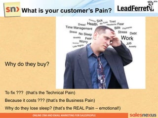 Why do they buy?
To fix ??? (that‟s the Technical Pain)
Because it costs ??? (that‟s the Business Pain)
Why do they lose sleep? (that‟s the REAL Pain – emotional!)
What is your customer’s Pain?
 
