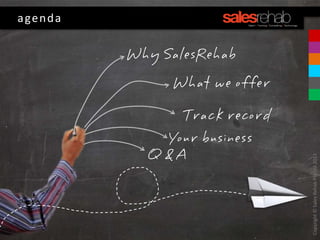 Copyright©SalesRehabPtyLtd2013
Track record
Why SalesRehab
What we offer
Your business
Q & A
agenda
 
