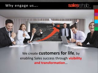 Copyright©SalesRehabPtyLtd2013
Why engage us….
We create customers for life, by
enabling Sales success through visibility
and transformation…
 