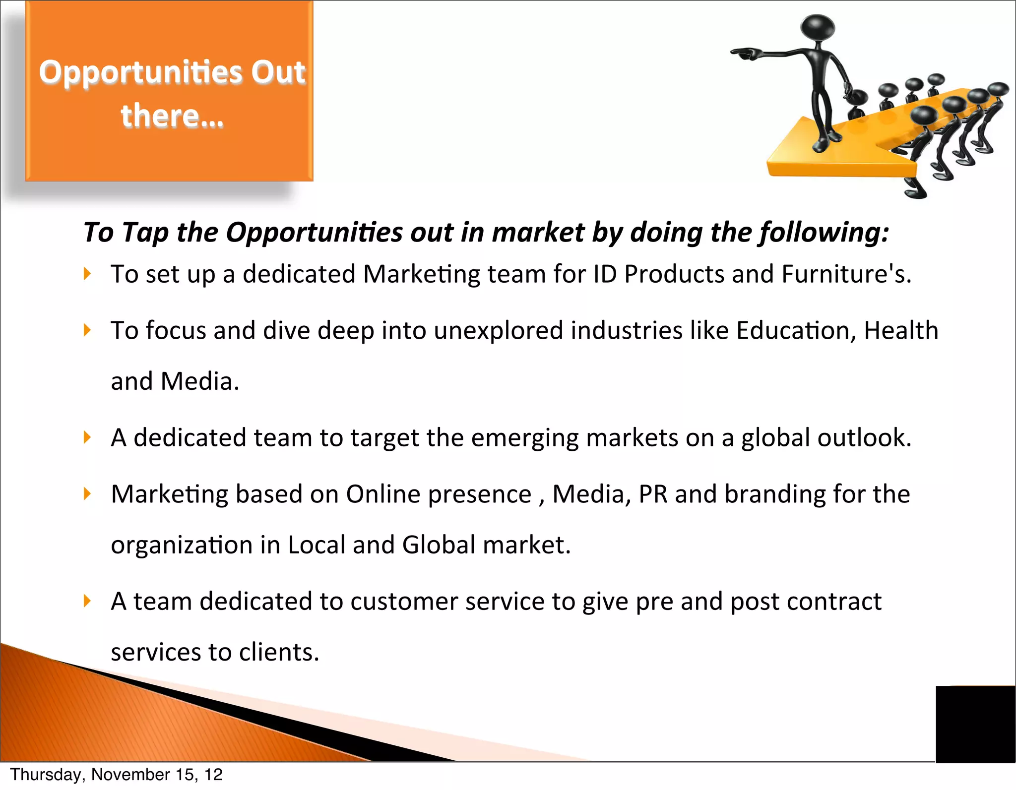 Opportuni(es	
  Out	
  
       there…


        To	
  Tap	
  the	
  Opportuni7es	
  out	
  in	
  market	
  by	
  doing	
  the	
  following:
        }   To	
  set	
  up	
  a	
  dedicated	
  Marke1ng	
  team	
  for	
  ID	
  Products	
  and	
  Furniture's.
        }   To	
  focus	
  and	
  dive	
  deep	
  into	
  unexplored	
  industries	
  like	
  Educa1on,	
  Health	
  
             and	
  Media.
        }   A	
  dedicated	
  team	
  to	
  target	
  the	
  emerging	
  markets	
  on	
  a	
  global	
  outlook.
        }   Marke1ng	
  based	
  on	
  Online	
  presence	
  ,	
  Media,	
  PR	
  and	
  branding	
  for	
  the	
  
             organiza1on	
  in	
  Local	
  and	
  Global	
  market.
        }   A	
  team	
  dedicated	
  to	
  customer	
  service	
  to	
  give	
  pre	
  and	
  post	
  contract	
  
             services	
  to	
  clients.



Thursday, November 15, 12
 