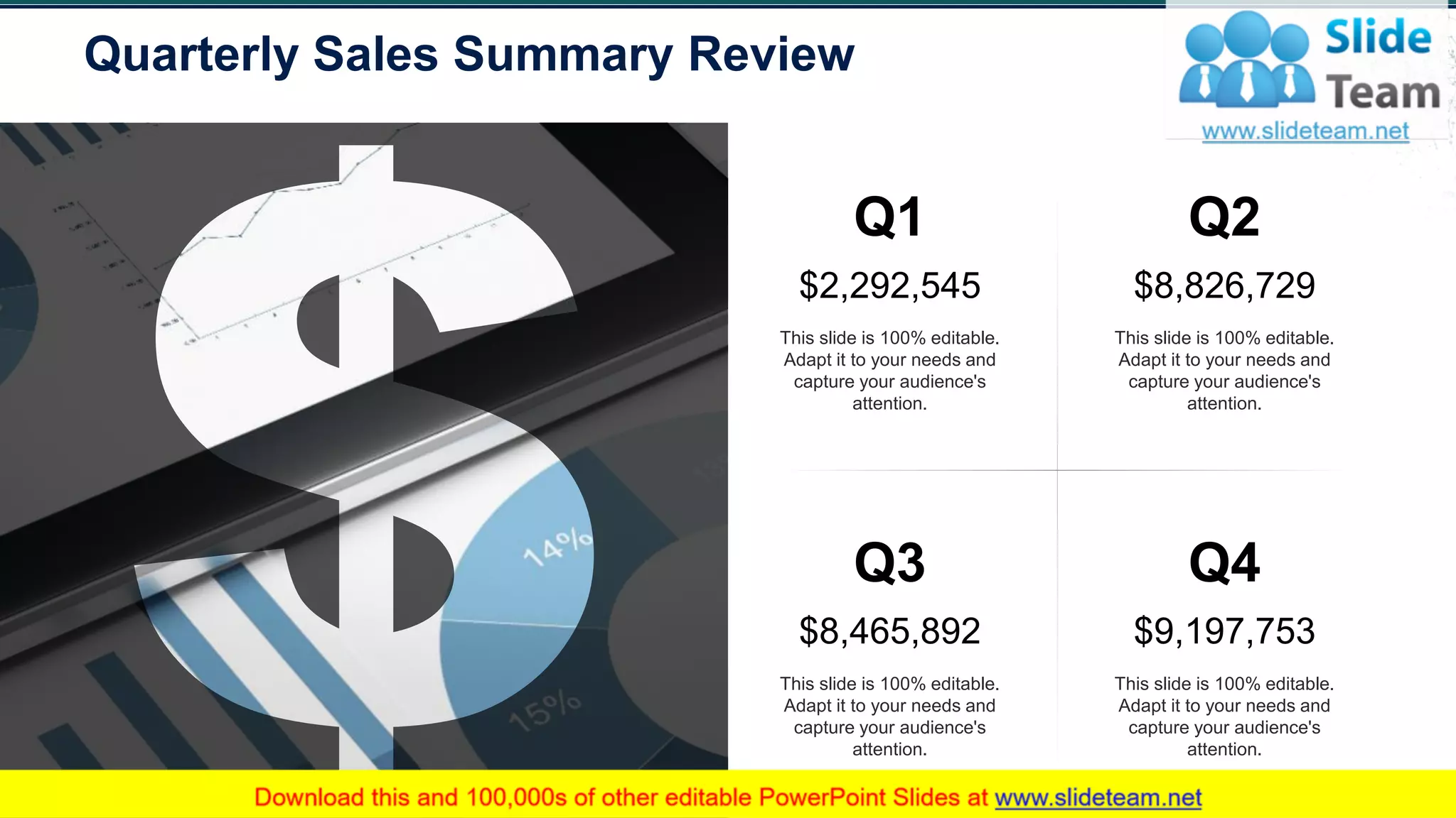 Quarterly Sales Summary Review
16
Q2
$8,826,729
This slide is 100% editable.
Adapt it to your needs and
capture your audience's
attention.
Q1
$2,292,545
This slide is 100% editable.
Adapt it to your needs and
capture your audience's
attention.
Q3
$8,465,892
This slide is 100% editable.
Adapt it to your needs and
capture your audience's
attention.
Q4
$9,197,753
This slide is 100% editable.
Adapt it to your needs and
capture your audience's
attention.
 