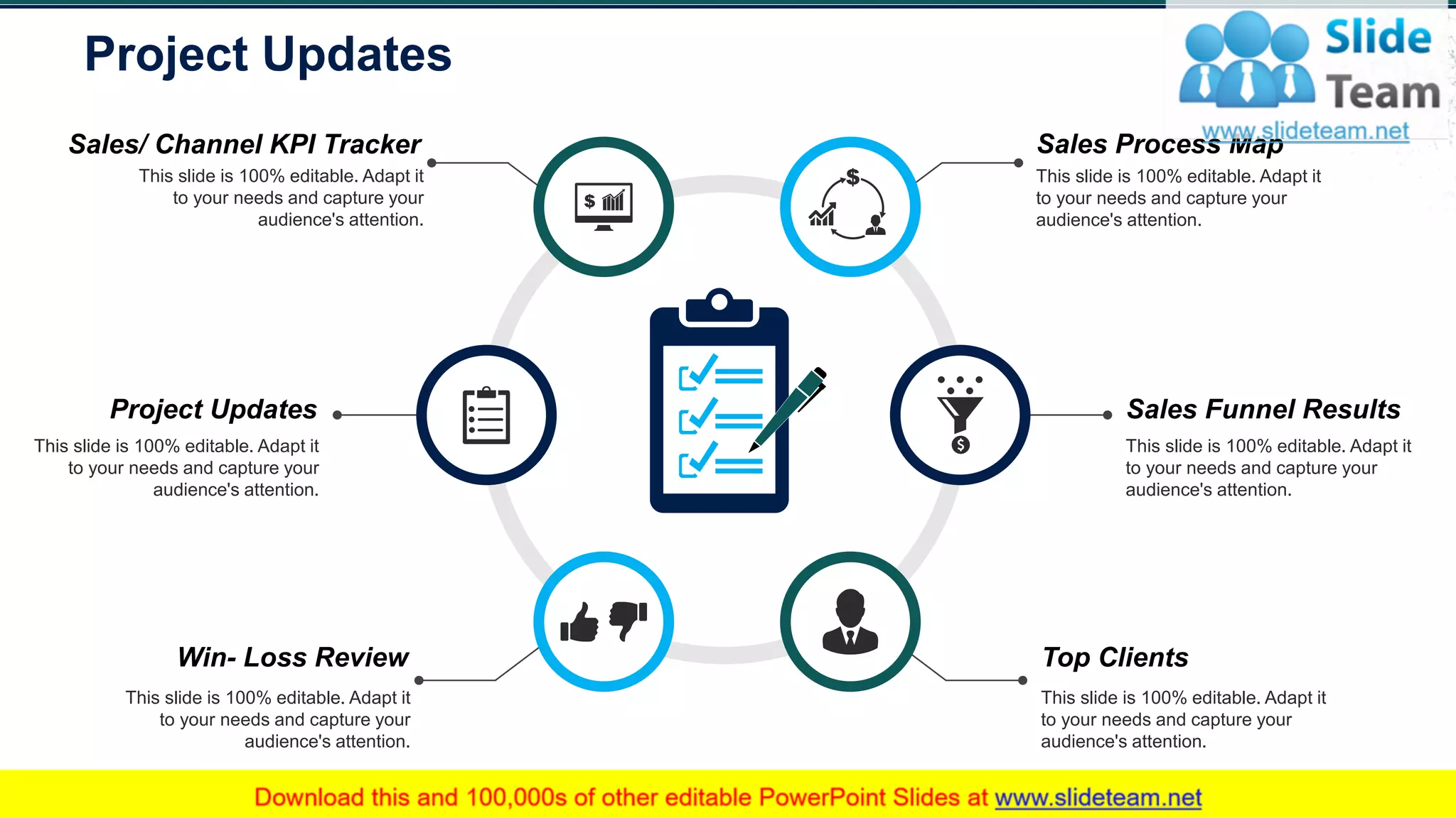 Project Updates
19
Sales Process Map
This slide is 100% editable. Adapt it
to your needs and capture your
audience's attention.
Top Clients
This slide is 100% editable. Adapt it
to your needs and capture your
audience's attention.
Win- Loss Review
This slide is 100% editable. Adapt it
to your needs and capture your
audience's attention.
Sales Funnel Results
This slide is 100% editable. Adapt it
to your needs and capture your
audience's attention.
Project Updates
This slide is 100% editable. Adapt it
to your needs and capture your
audience's attention.
Sales/ Channel KPI Tracker
This slide is 100% editable. Adapt it
to your needs and capture your
audience's attention.
 