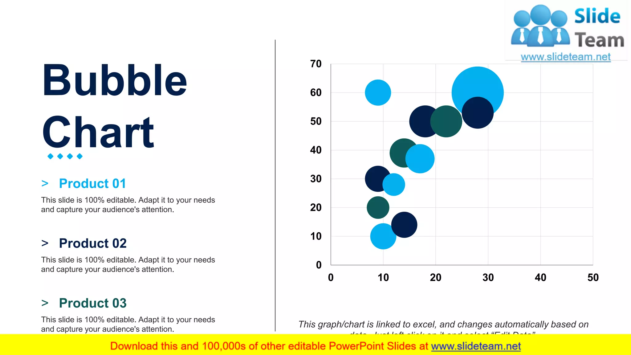 43
0
10
20
30
40
50
60
70
0 10 20 30 40 50
Bubble
Chart
˃ Product 01
This slide is 100% editable. Adapt it to your needs
and capture your audience's attention.
> Product 02
This slide is 100% editable. Adapt it to your needs
and capture your audience's attention.
> Product 03
This slide is 100% editable. Adapt it to your needs
and capture your audience's attention.
This graph/chart is linked to excel, and changes automatically based on
data. Just left click on it and select “Edit Data”.
 