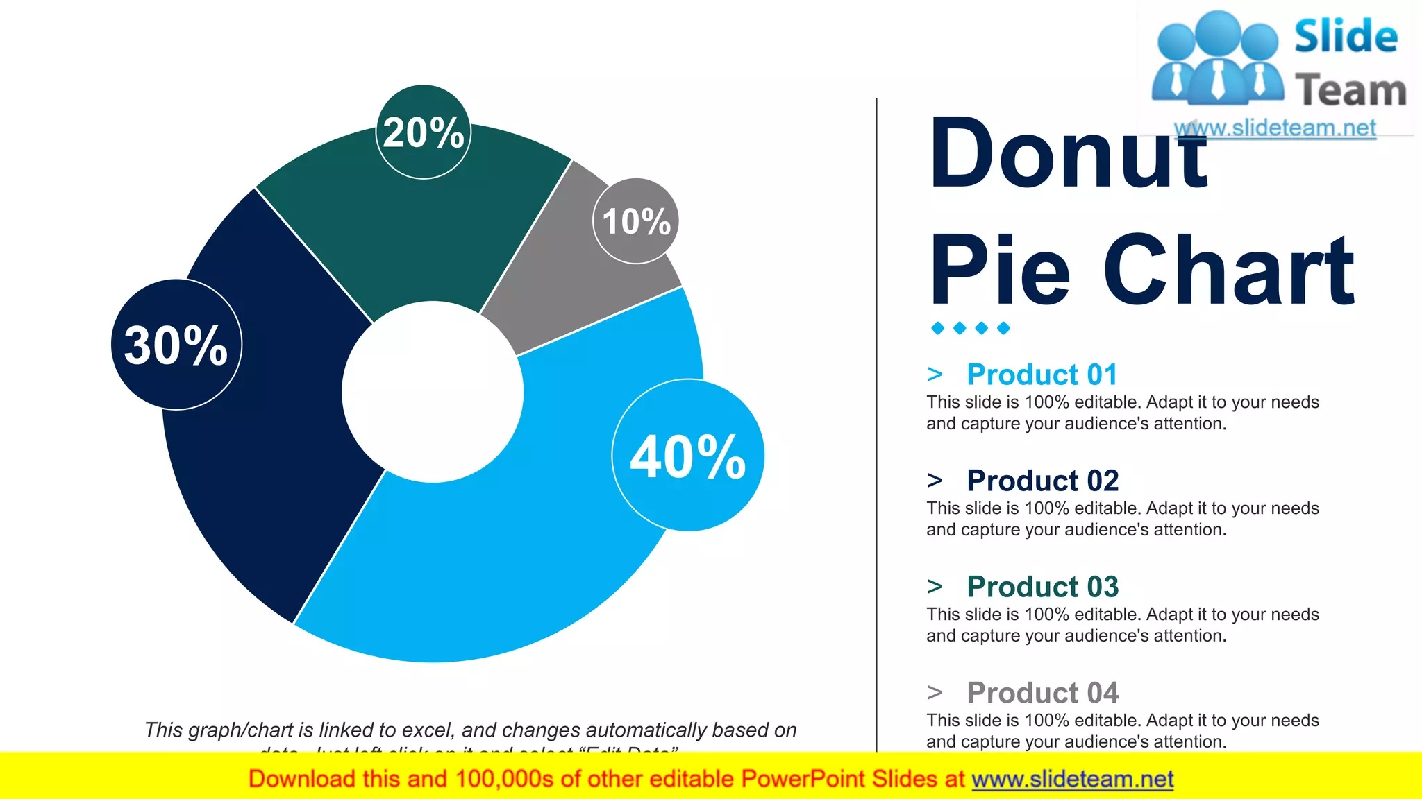 44
> Product 01
This slide is 100% editable. Adapt it to your needs
and capture your audience's attention.
> Product 02
This slide is 100% editable. Adapt it to your needs
and capture your audience's attention.
> Product 03
This slide is 100% editable. Adapt it to your needs
and capture your audience's attention.
> Product 04
This slide is 100% editable. Adapt it to your needs
and capture your audience's attention.
Donut
Pie Chart
40%
30%
20%
10%
This graph/chart is linked to excel, and changes automatically based on
data. Just left click on it and select “Edit Data”.
 