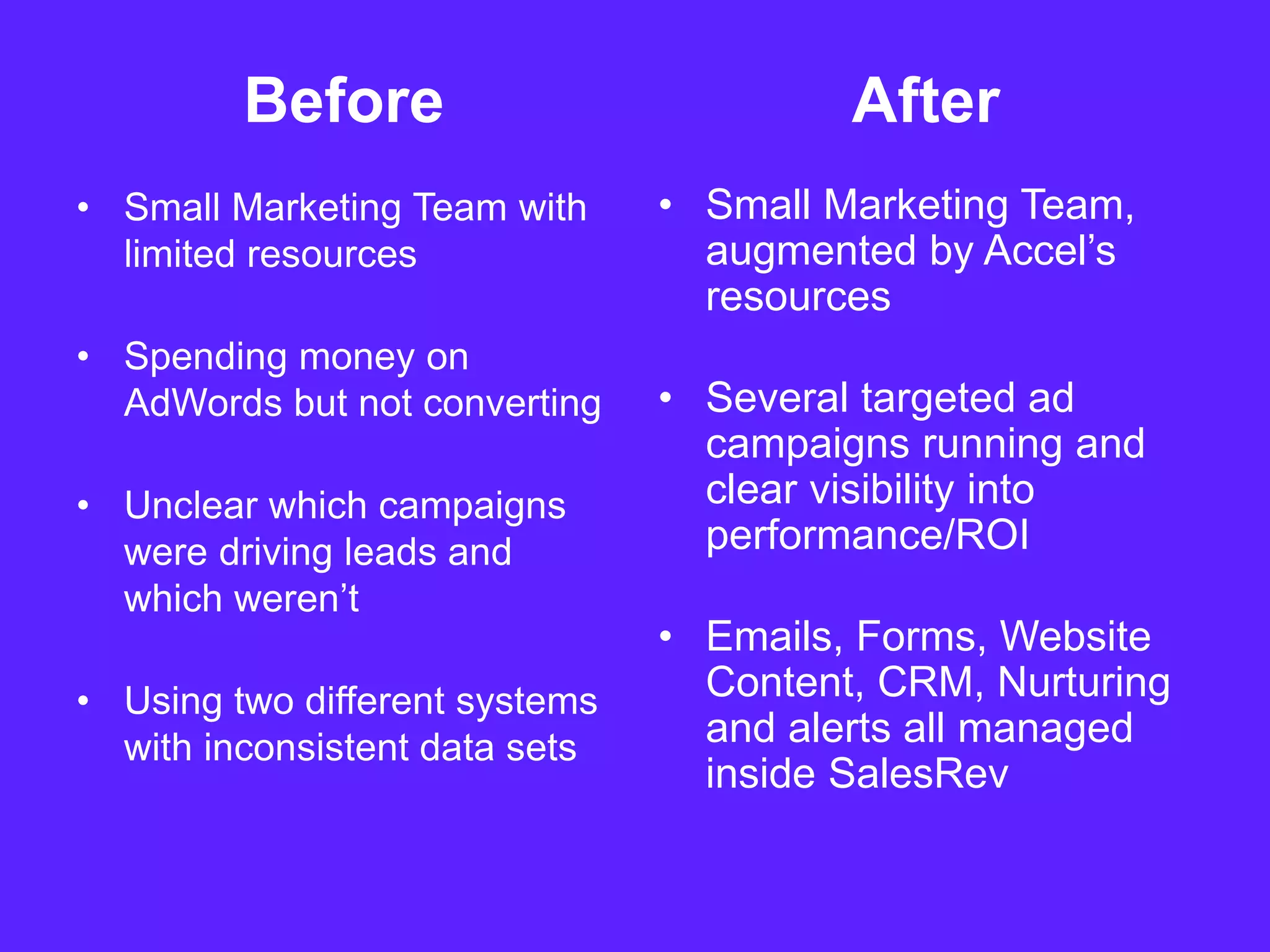 Before
• Small Marketing Team with
limited resources
• Spending money on
AdWords but not converting
• Unclear which campaigns
were driving leads and
which weren’t
• Using two different systems
with inconsistent data sets
After
• Small Marketing Team,
augmented by Accel’s
resources
• Several targeted ad
campaigns running and
clear visibility into
performance/ROI
• Emails, Forms, Website
Content, CRM, Nurturing
and alerts all managed
inside SalesRev
 