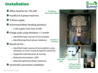 Installation
Office facilities for ~50 staff

Outgoing
Armoured Cables

Handful of 3-phase machines
3-Phase supply
Automated Meter Reading (wireless)
E-ON supplier with Elster A1700

Energy audit using eAnalyser = 1 month
Identified major sources of consumption
Identified significant phase imbalance

Clamps to
3 Phases

Results So Far…
Identified major sources of consumption using
eAnalsyer on main circuits & specific machinery
Supported staff education & training
Reduced consumption >10%

Ethernet
LAN

Detected significant phase imbalance

3 Phase Mains
Incoming from
(Billing) Meter

eController permanent installation
Green Running 121112.ppt

eController

UKPN

27

 