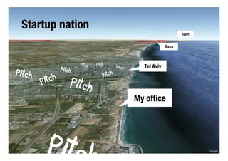 3


 Startup nation
                                                          Egypt


                                                   Gaza



                     P ch
              P ch             P ch     Tel Aviv
P ch                    P ch
       P ch
                                      My ofﬁce




                                                                  Google
 