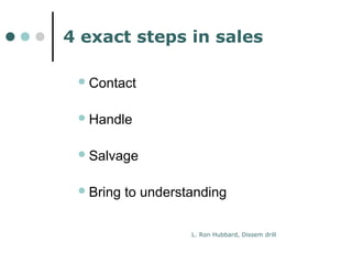 4 exact steps in sales 
Contact 
Handle 
Salvage 
Bring to understanding 
L. Ron Hubbard, Dissem drill 
 