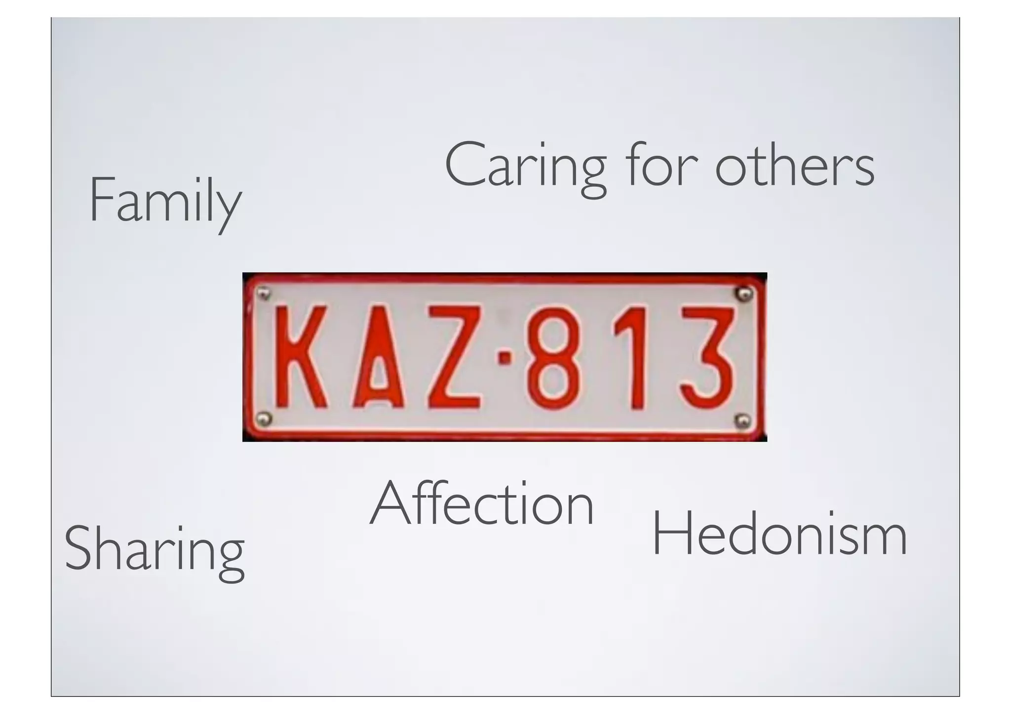 Caring for others
Family



          Affection Hedonism
Sharing
 