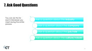 7. Ask Good Questions
15
Ask a question about the industry
Ask a question about the company
Ask a question about the job/role
Ask a question about the culture/values
You can do this for each
interviewer you meet
during the entire process
 