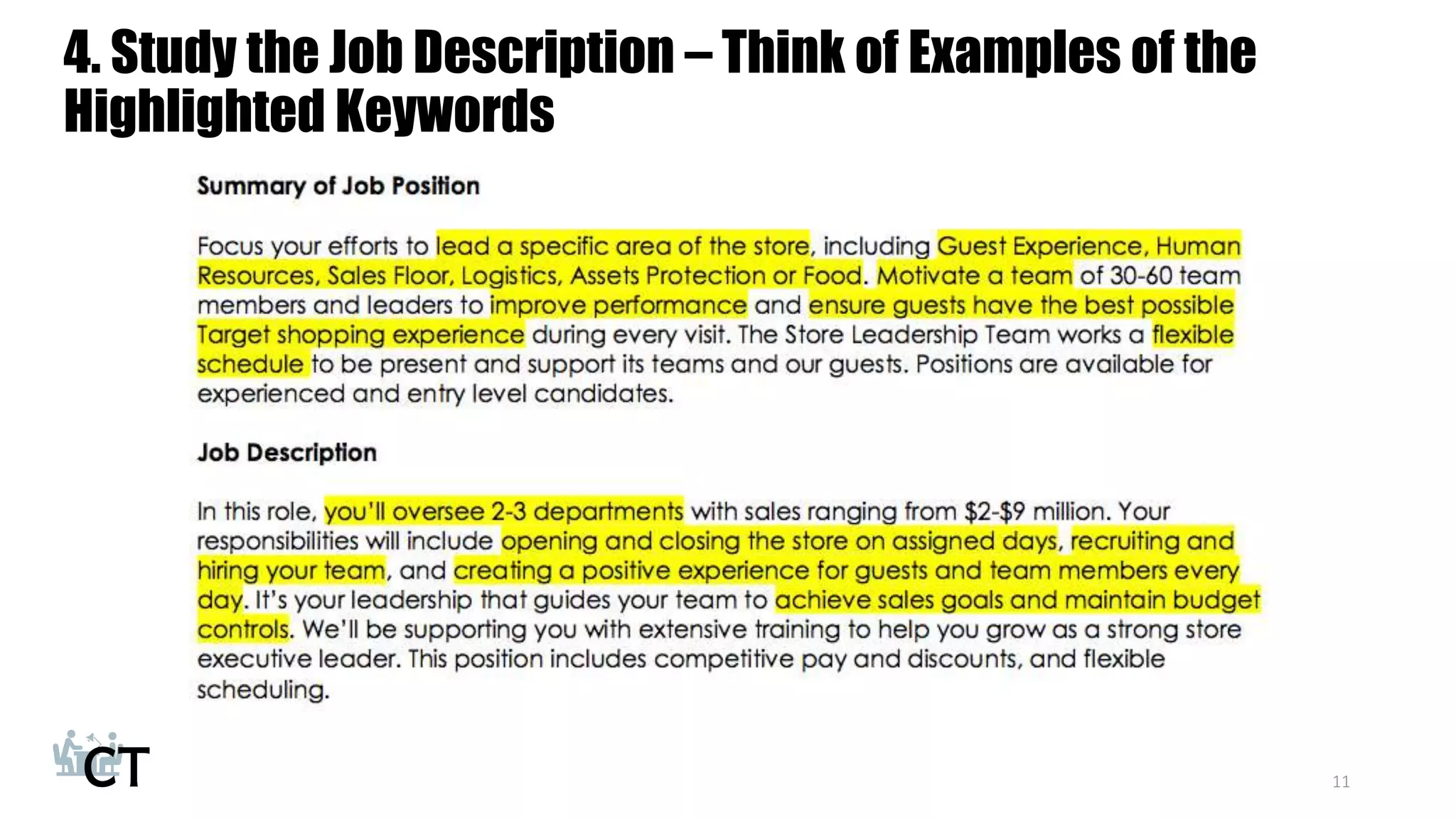 4. Study the Job Description – Think of Examples of the
Highlighted Keywords
11
 