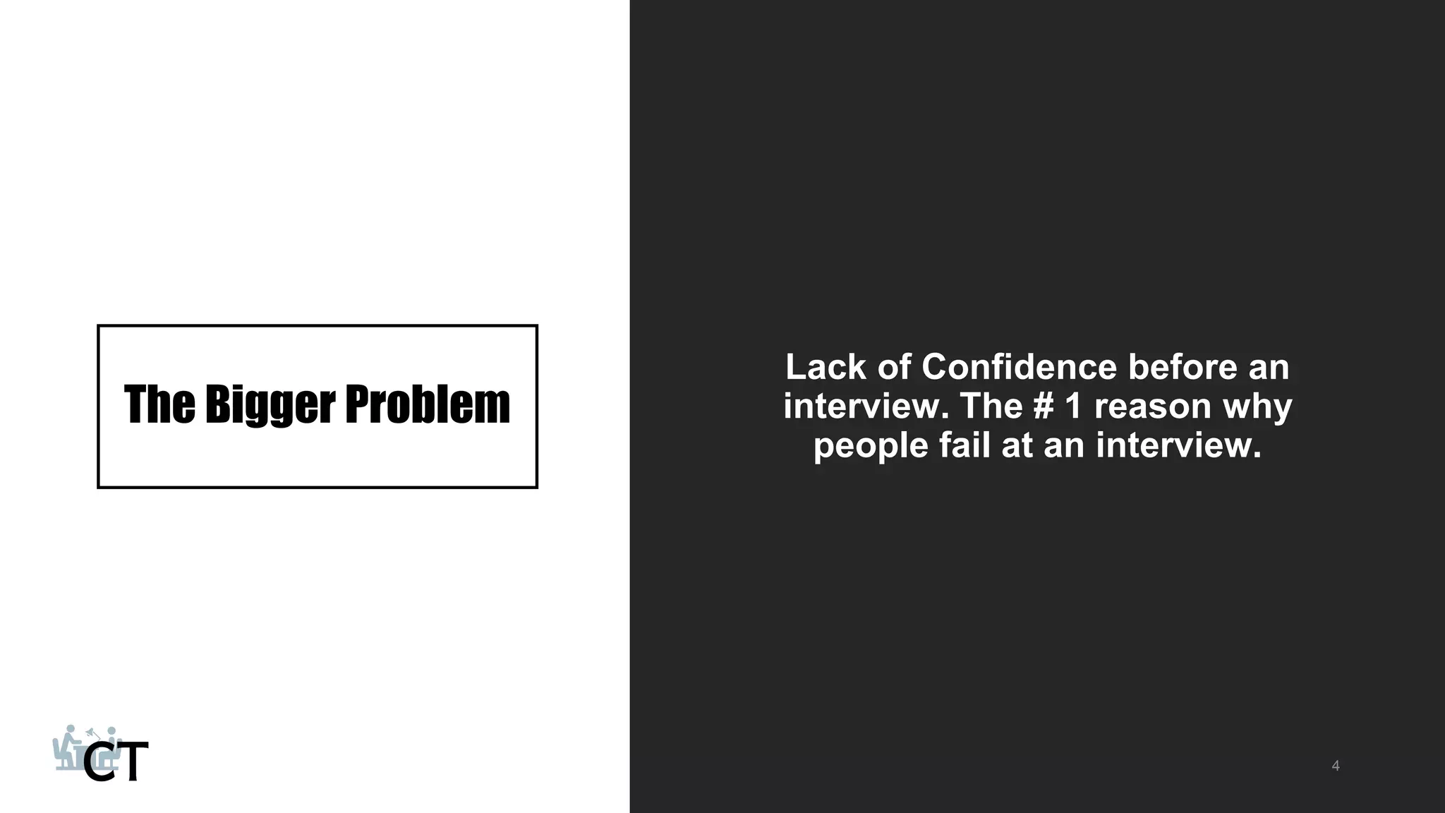 The Bigger Problem
Lack of Confidence before an
interview. The # 1 reason why
people fail at an interview.
4
 