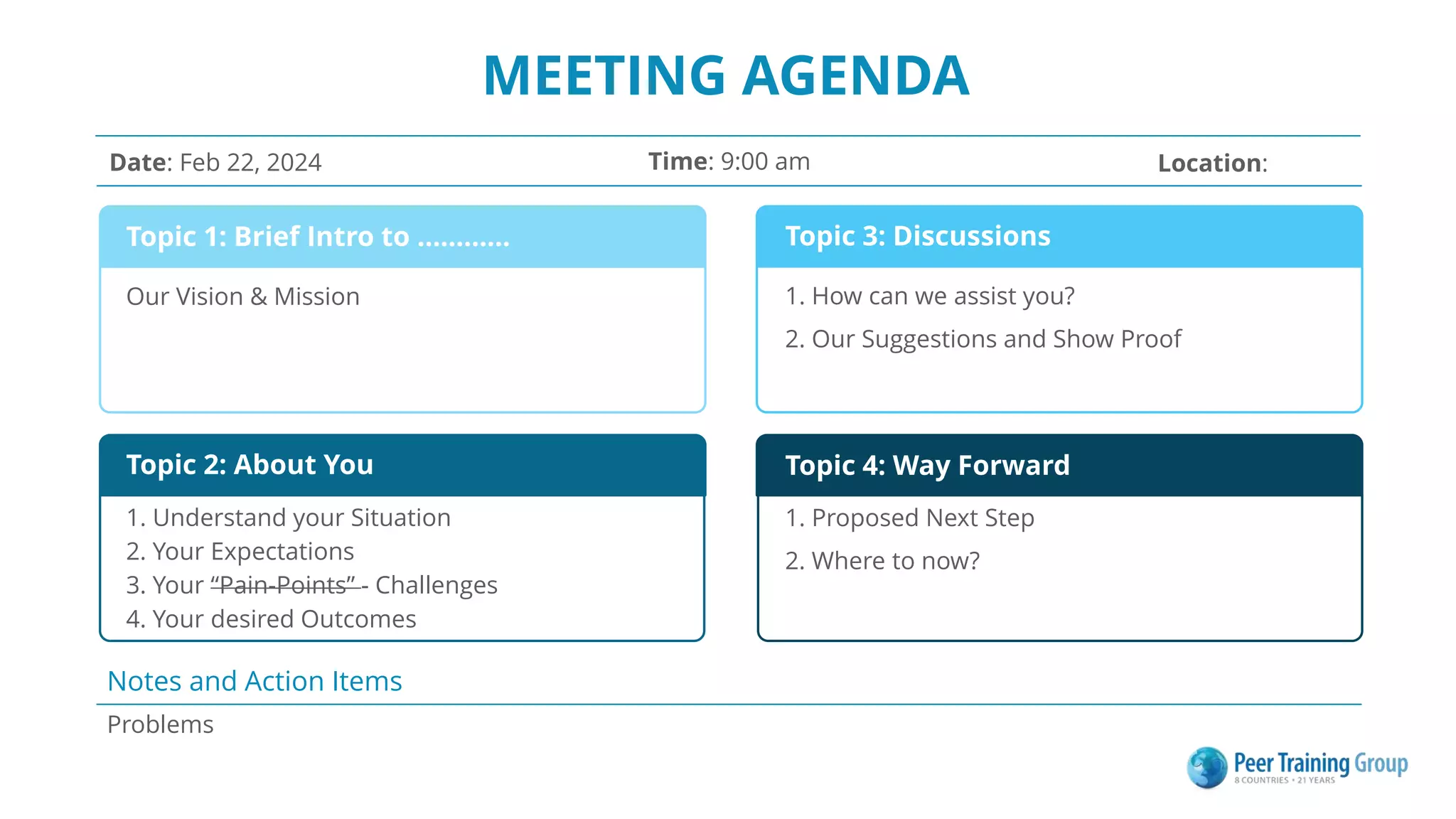 MEETING AGENDA
Date: Feb 22, 2024 Time: 9:00 am Location:
Problems
Notes and Action Items
Topic 1: Brief Intro to …………
Our Vision & Mission
Topic 2: About You
Topic 3: Discussions
Topic 4: Way Forward
1. Understand your Situation
2. Your Expectations
3. Your “Pain-Points” - Challenges
4. Your desired Outcomes
1. How can we assist you?
2. Our Suggestions and Show Proof
1. Proposed Next Step
2. Where to now?
 