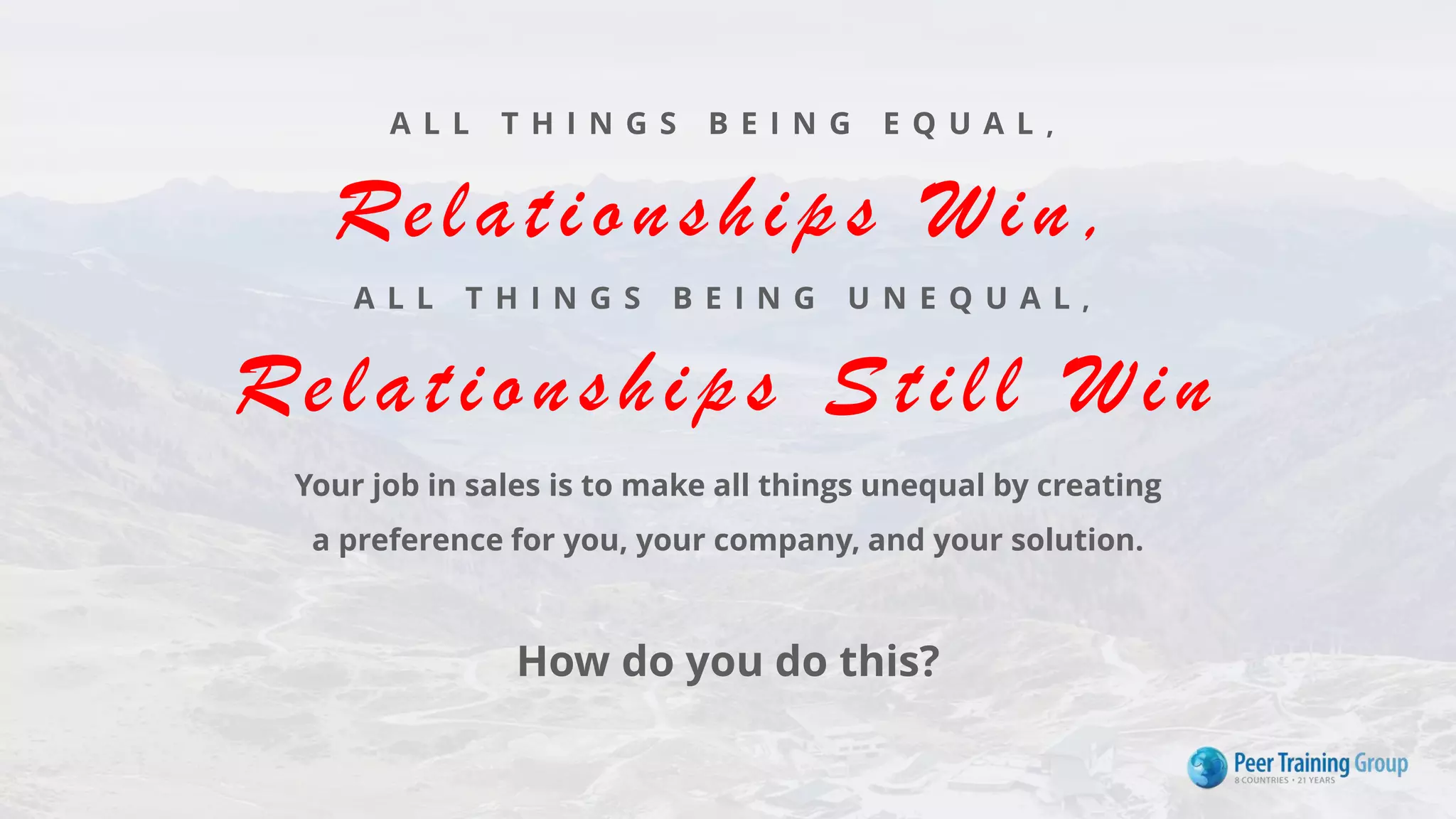 A L L T H I N G S B E I N G E Q U A L ,
Relationships Win,
A L L T H I N G S B E I N G U N E Q U A L ,
Relationships Still Win
Your job in sales is to make all things unequal by creating
a preference for you, your company, and your solution.
How do you do this?
 
