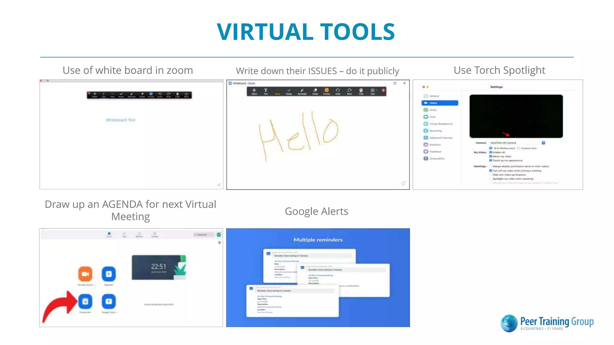 VIRTUAL TOOLS
Use of white board in zoom Write down their ISSUES – do it publicly
Draw up an AGENDA for next Virtual
Meeting
Use Torch Spotlight
Google Alerts
 
