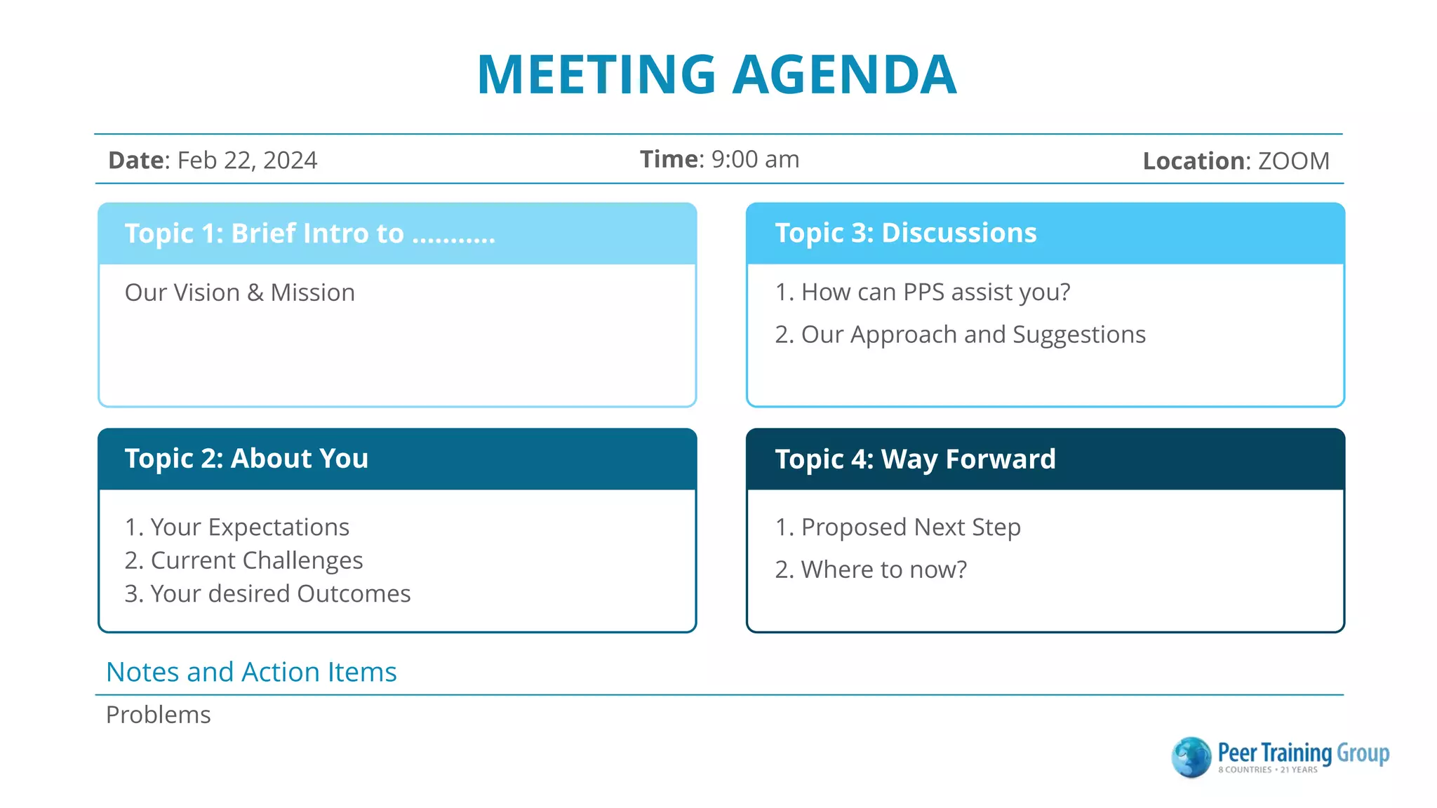 MEETING AGENDA
Date: Feb 22, 2024 Time: 9:00 am Location: ZOOM
Problems
Notes and Action Items
Topic 1: Brief Intro to ………..
Our Vision & Mission
Topic 2: About You
Topic 3: Discussions
Topic 4: Way Forward
1. Your Expectations
2. Current Challenges
3. Your desired Outcomes
1. How can PPS assist you?
2. Our Approach and Suggestions
1. Proposed Next Step
2. Where to now?
 