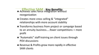 Effective SAM - Key Benefits
 Achieves sales force integration without
reorganization
 Creates more cross selling & “integrated”
relationships with more account stability
 Transforms business from project or campaign based
to an annuity business…..fewer competitions = more
profit
 “Automatic” staff training on client issues through
POV discussions
 Revenue & Profits grow more rapidly in effective
SAM clients
 