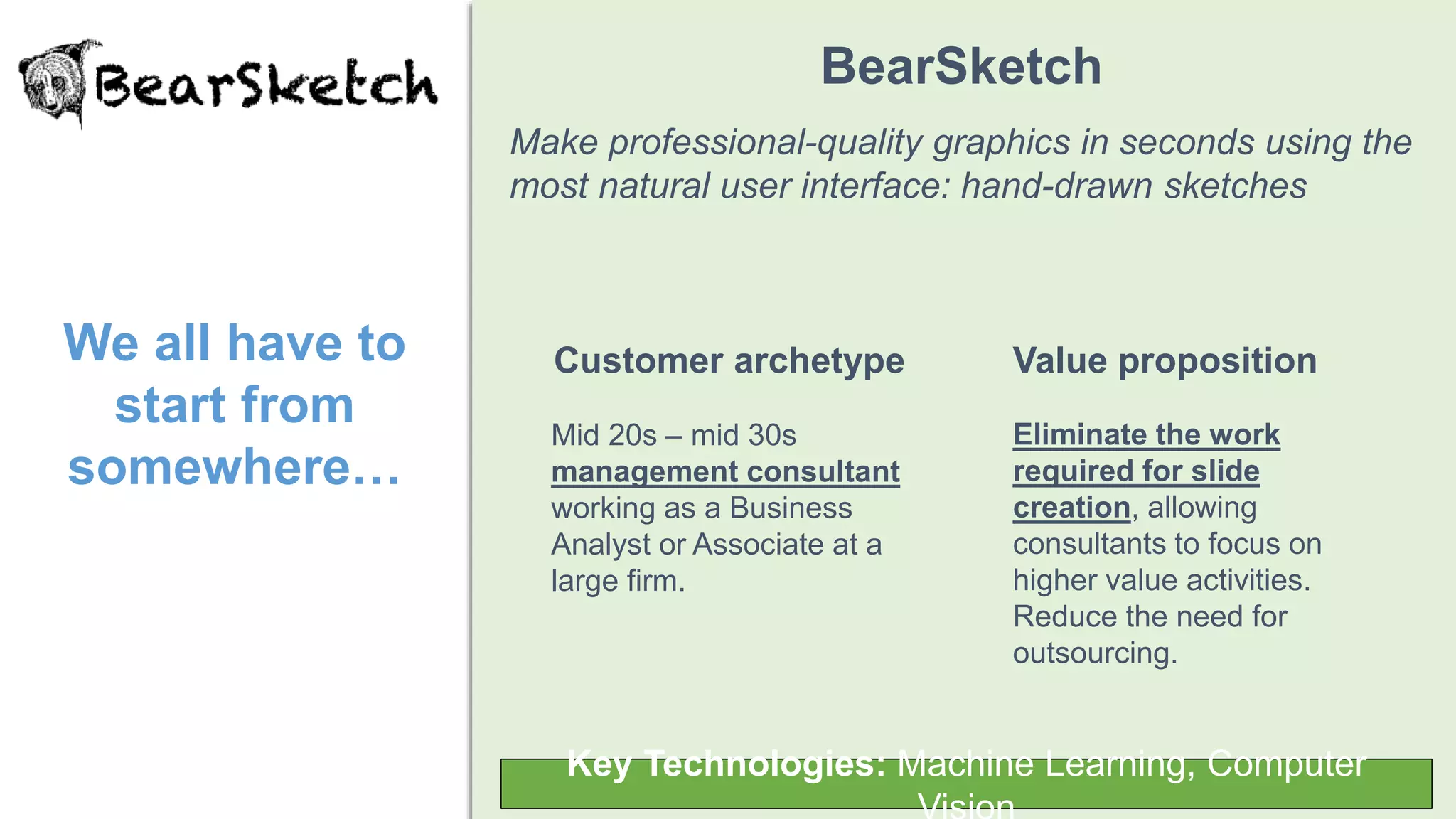 BearSketch
Make professional-quality graphics in seconds using the
most natural user interface: hand-drawn sketches
We all have to
start from
somewhere…
Customer archetype
Mid 20s – mid 30s
management consultant
working as a Business
Analyst or Associate at a
large firm.
Value proposition
Eliminate the work
required for slide
creation, allowing
consultants to focus on
higher value activities.
Reduce the need for
outsourcing.
Key Technologies: Machine Learning, Computer
 