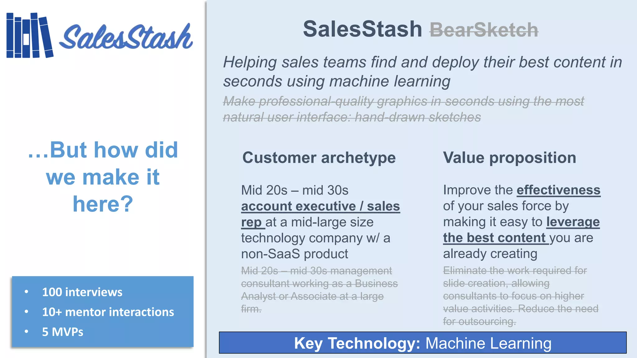 SalesStash BearSketch
Helping sales teams find and deploy their best content in
seconds using machine learning
Make professional-quality graphics in seconds using the most
natural user interface: hand-drawn sketches
…But how did
we make it
here?
Customer archetype
Mid 20s – mid 30s
account executive / sales
rep at a mid-large size
technology company w/ a
non-SaaS product
Mid 20s – mid 30s management
consultant working as a Business
Analyst or Associate at a large
firm.
Value proposition
Improve the effectiveness
of your sales force by
making it easy to leverage
the best content you are
already creating
Eliminate the work required for
slide creation, allowing
consultants to focus on higher
value activities. Reduce the need
for outsourcing.
• 100 interviews
• 10+ mentor interactions
• 5 MVPs
Key Technology: Machine Learning
 