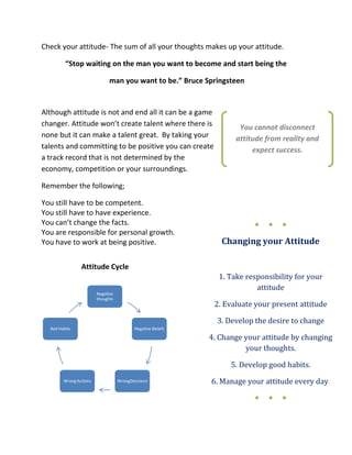 Offer a written evaluation of their property.Build on your talents. Take what God has given you and improve on it. Become the one that others envy. Find your niche and your sales personality and exploit it. Find the thing that makes you the most nervous and do it more often because that is your weakness and where you are most vulnerable.  You don’t have to go outside the box to be successful you just have to grow a bigger box. Become who you want and need to be by adding those things to the box you’re in. Look at those who are successful in our company and find out what makes them successful. Talk to those who are already doing it and find out how to emulate them. Because, as the old saying goes, “If you keep doing what you’re doing, you’ll keep getting what you’re getting.”Are you satisfied where you are? If not, you need to spend a portion of everyday working to get better at your craft. By reading, repetition and reviewing your sales processes and successes you will hone your skills.  Resemble Success part II- The first thing to plan for is your first impression.“The will to win is nothing without the will to prepare to win”Remember, most times customers do not gather information to make a decision they gather information to justify the decision they already made.Vince LombardiFirst impressions are vital. They lay the groundwork and expectations for the rest of the relationship. Often this is the time that decision makers choose who they want to do business with. I have had many customers come back to the table with a number that they want me to get close too. They say they want to do business with us if we can help them rationalize their decision. Sometimes it is a money concession but many times it is to ease their mind that their first impression was the right one. I spend the next few minutes rebuilding the value and selling myself to alleviate their fears. Assure them that their first impression was correct and you will get the signature.How do you craft a perfect first impression?Attitude matters. Attitude sells. Smile and look comfortable. Have a positive response for every question.