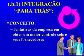 1.b.1) INTEGRAÇÃO
   “PARA TRÁS”:

3CONCEITO:
 – Tentativas da empresa em
   obter um maior controle sobre
   seus fornecedores
 