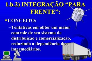 1.b.2) INTEGRAÇÃO “PARA
         FRENTE”:
3CONCEITO:
 – Tentativas em obter um maior
   controle de seu sistema de
   distribuição e comercialização,
   reduzindo a dependência dos
   intermediários.
 