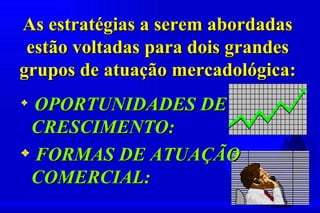 As estratégias a serem abordadas
 estão voltadas para dois grandes
grupos de atuação mercadológica:
3 OPORTUNIDADES DE
 CRESCIMENTO:
3 FORMAS DE ATUAÇÃO

 COMERCIAL:
 