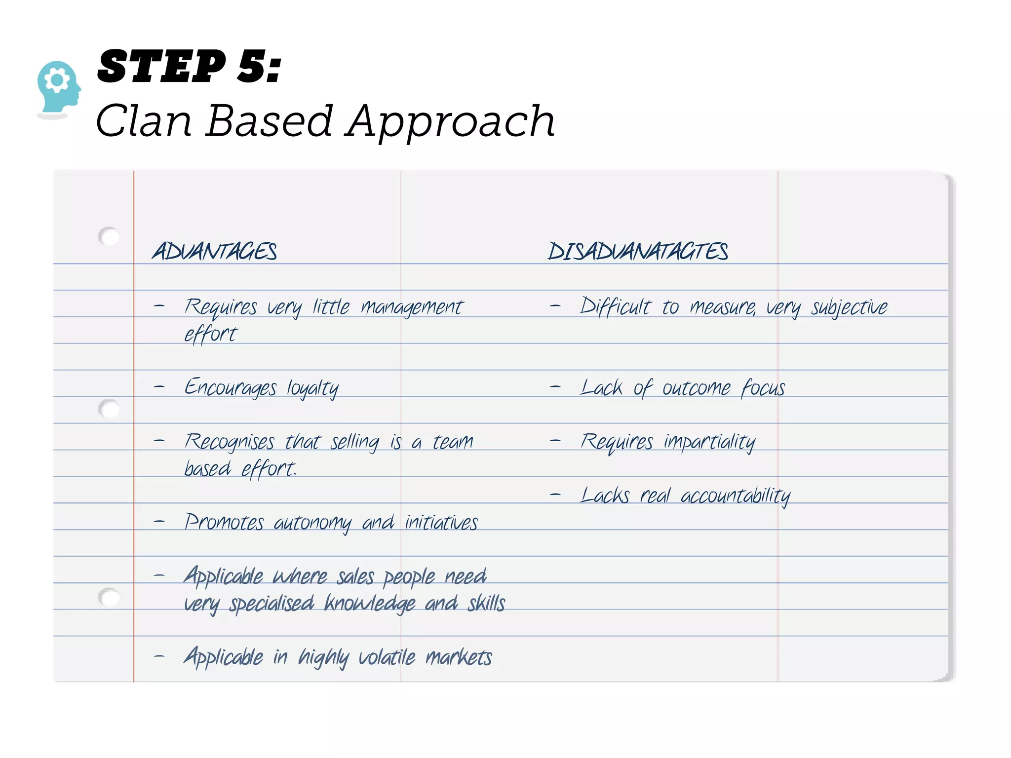 ADVANTAGES
- Requires very little management
effort
- Encourages loyalty
- Recognises that selling is a team
based effort.
- Promotes autonomy and initiatives
- Applicable where sales people need
very specialised knowledge and skills
- Applicable in highly volatile markets
DISADVANATAGTES
- Difficult to measure, very subjective
- Lack of outcome focus
- Requires impartiality
- Lacks real accountability
 