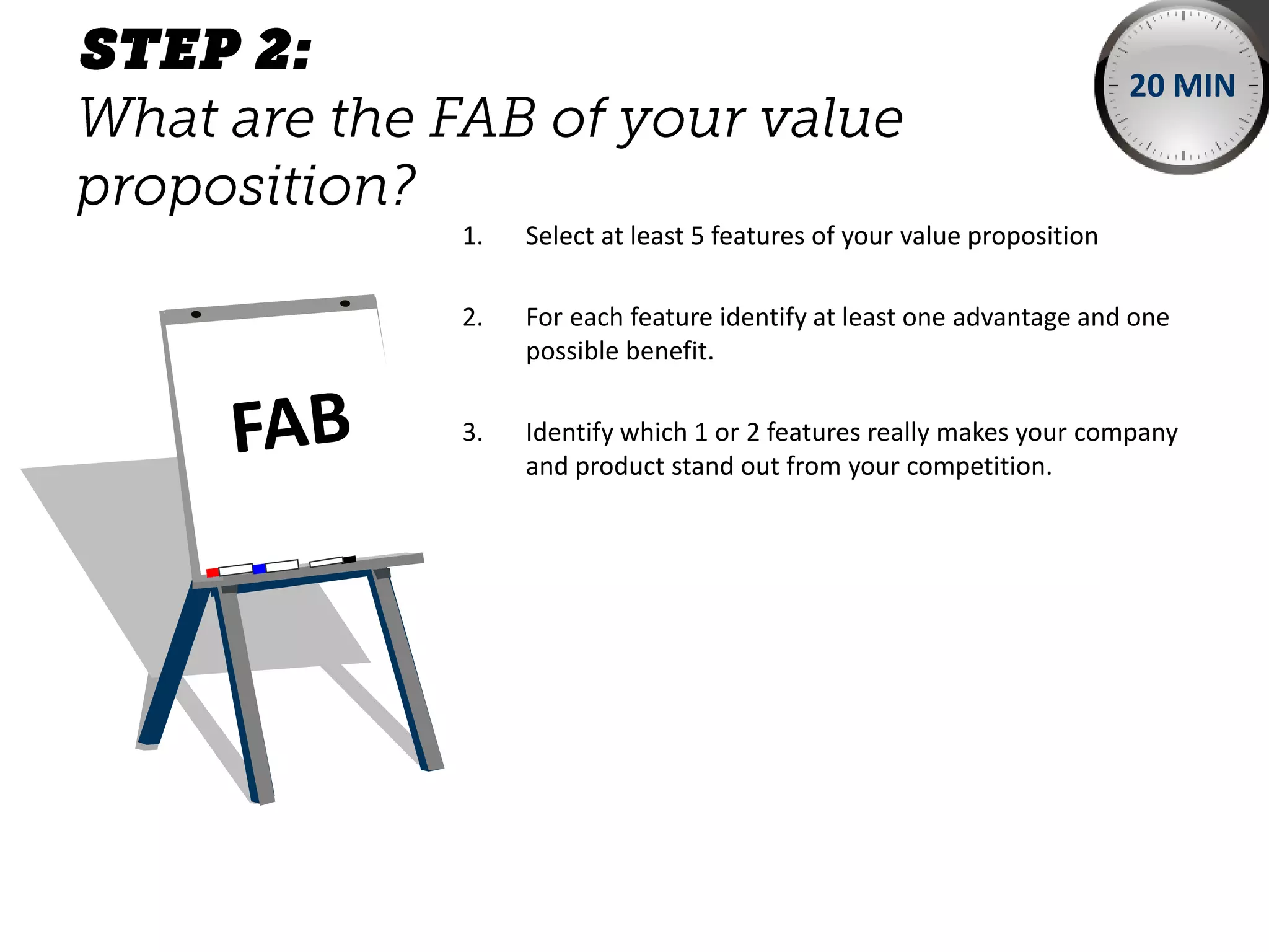 1. Select at least 5 features of your value proposition
2. For each feature identify at least one advantage and one
possible benefit.
3. Identify which 1 or 2 features really makes your company
and product stand out from your competition.
20 MIN
 