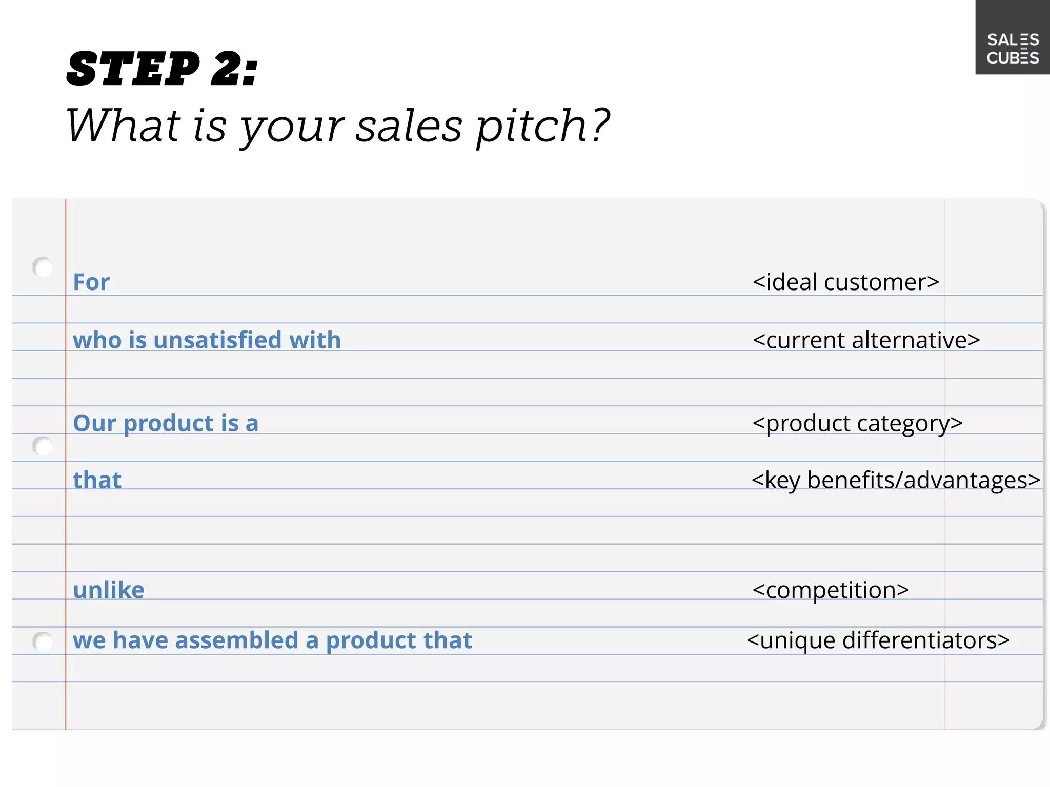 For
who is unsatisfied with
Our product is a
that
unlike
we have assembled a product that
<ideal customer>
<current alternative>
<product category>
<key benefits/advantages>
<competition>
<unique differentiators>
 