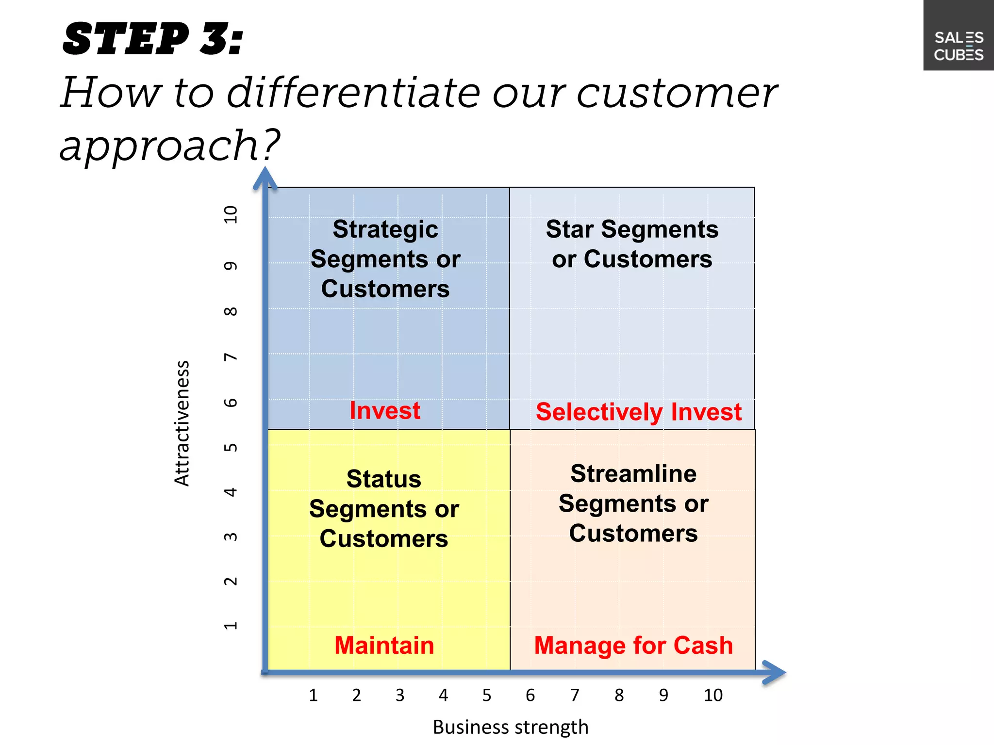 Attractiveness
12345678910
1 2 3 4 5 6 7 8 9 10
Business strength
Star Segments
or Customers
Strategic
Segments or
Customers
Status
Segments or
Customers
Streamline
Segments or
Customers
Invest
Maintain Manage for Cash
Selectively Invest
 