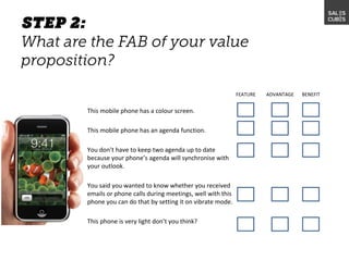 This mobile phone has a colour screen.
This mobile phone has an agenda function.
You don’t have to keep two agenda up to date
because your phone’s agenda will synchronise with
your outlook.
You said you wanted to know whether you received
emails or phone calls during meetings, well with this
phone you can do that by setting it on vibrate mode.
This phone is very light don’t you think?
FEATURE ADVANTAGE BENEFIT
 
