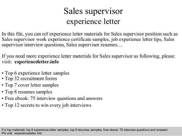 sales supervisor experience letter sales supervisor