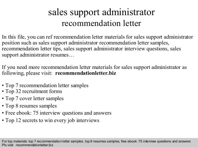 Sales Support Administrator Recommendation Letter