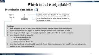 31
Determination of tax liability [S-7]
Conditions:
1. should be supported by Sales Tax Invoice bearing name and registration number of tax payer who is claiming input tax
2. supplier must have declared such supply in his return and he has paid amount of tax due as indicated in his return
3. in case of supply of electricity or gas, a bill bearing his registration # and the address where the connection is installed
4. in case of imports, it should be supported by :
a. Bill of entry OR Goods Declaration
b. Sales Tax Registration number
c. Customs clearance u/s 79, 81 or 104
5. in case of purchase through auction, it should be supported by Treasury Challan (showing amount of sales tax paid) bearing name and registration
number of tax payer who is claiming input tax
Which input is adjustable?
Output tax
- Input tax
X
(X)
X
excluding "Further Tax" charged @ 3% from un-reg person
if not claimed in relevant tax period, then can be claimed in
6 subsequent tax periods
 