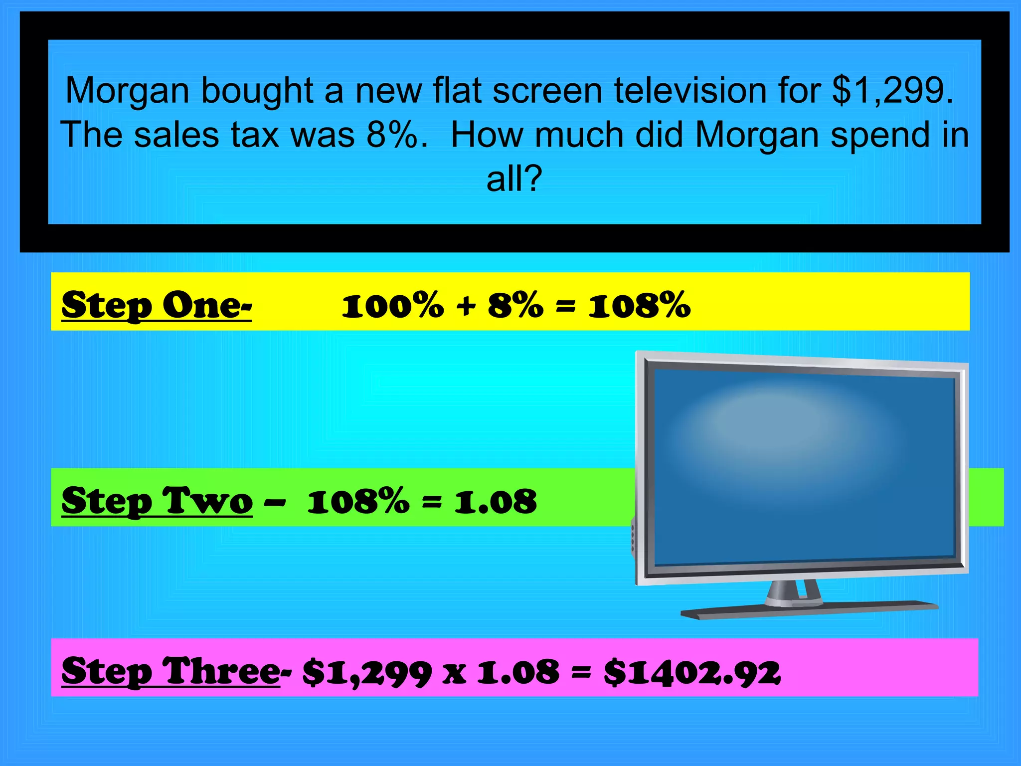 Morgan bought a new flat screen television for $1,299.  The sales tax was 8%.  How much did Morgan spend in all? Step One-   100% + 8% = 108% Step Two  –  108% = 1.08 Step Three - $1,299 x 1.08 = $1402.92 