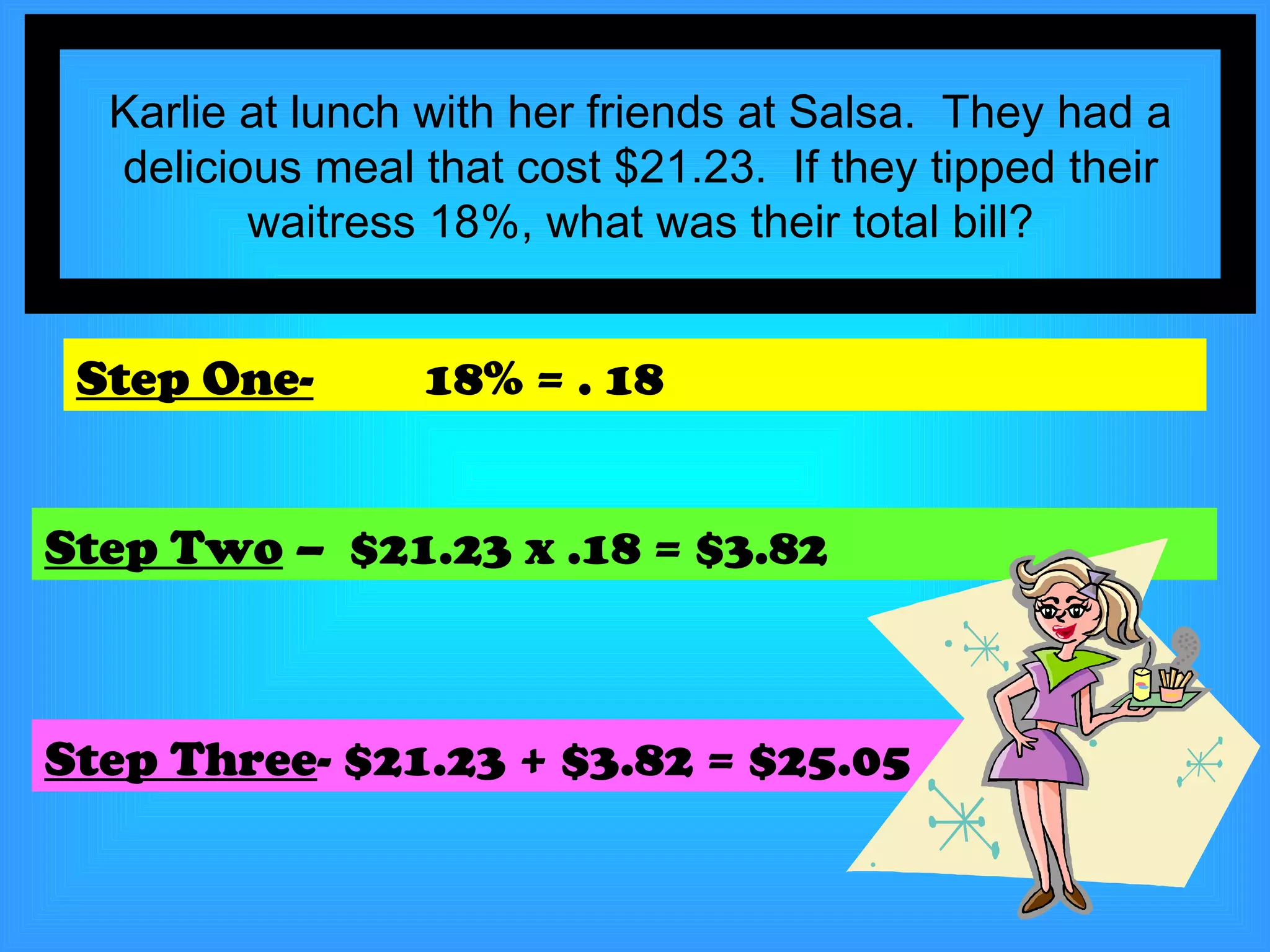 Karlie at lunch with her friends at Salsa.  They had a delicious meal that cost $21.23.  If they tipped their waitress 18%, what was their total bill? Step One-   18% = . 18 Step Two  –  $21.23 x .18 = $3.82 Step Three - $21.23 + $3.82 = $25.05 