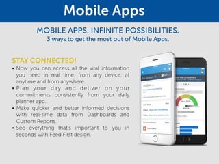 MOBILE APPS. INFINITE POSSIBILITIES.
3 ways to get the most out of Mobile Apps.
STAY CONNECTED!
• Now you can access all the vital information
you need in real time, from any device, at
anytime and from anywhere.
• Plan your day and deliver on your
commitments consistently from your daily
planner app.
• Make quicker and better informed decisions
with real-time data from Dashboards and
Custom Reports.
• See everything that’s important to you in
seconds with Feed First design.
Mobile Apps
 
