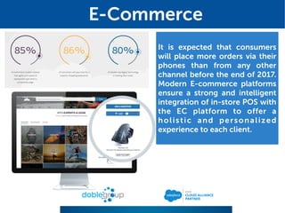 It is expected that consumers
will place more orders via their
phones than from any other
channel before the end of 2017.
Modern E-commerce platforms
ensure a strong and intelligent
integration of in-store POS with
the EC platform to offer a
holistic and personalized
experience to each client.
E-Commerce
 