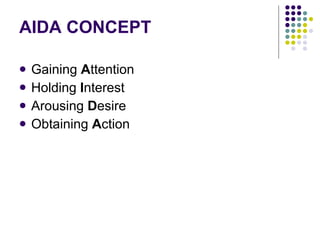 AIDA CONCEPT Gaining  A ttention Holding  I nterest Arousing  D esire Obtaining  A ction 