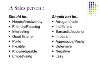 A Sales person : Should be… Honest/trustworthy Friendly/Pleasing Interesting Good listener Polite Flexible Knowledgeable Empathizing Should not be… Arrogant/rude Indifferent Sarcastic/superior Impatient Aggressive/Pushy Defensive Negative Lazy 