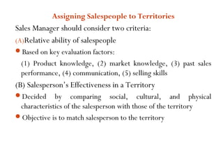 Assigning Salespeople to Territories
Sales Manager should consider two criteria:
(A)Relative ability of salespeople
Based...