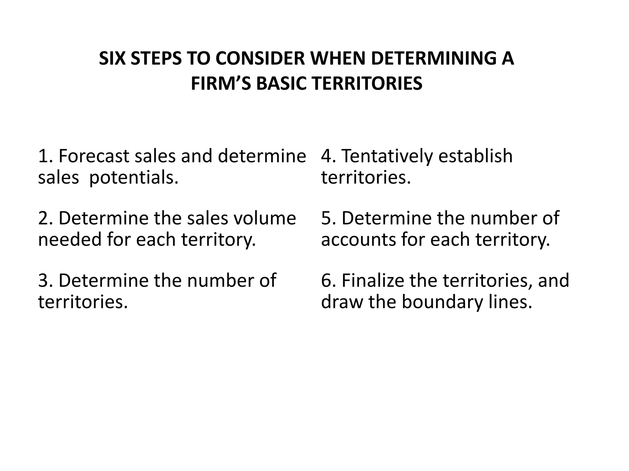 SIX STEPS TO CONSIDER WHEN DETERMINING A
                 FIRM’S BASIC TERRITORIES


1. Forecast sales and determine 4. Tentatively establish
sales potentials.               territories.
2. Determine the sales volume    5. Determine the number of
needed for each territory.       accounts for each territory.
3. Determine the number of       6. Finalize the territories, and
territories.                     draw the boundary lines.
 