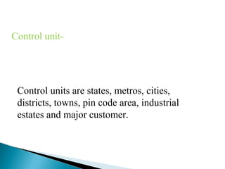 Control unit-

Control units are states, metros, cities,
districts, towns, pin code area, industrial
estates and major customer.

 