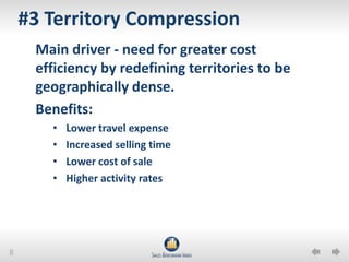 Territory Design GoalsOptimize results by optimizing for one of three common goals:Focused Account Consolidation (Customer driven)Workload Leveling (Activity driven)Territory Compression (Cost driven)