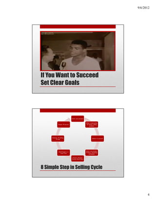 9/6/2012




If You Want to Succeed
Set Clear Goals




                                        Know your prospect


                                                               Make a relationship
                  Repeat      Success                          not merely selling
                                                                   products




     Solutions      Selling
                 Sold                                                    Believe in yourself




                                                               Know your product
                   Build Rapport, to                           (Feature, Advantage
                      Gain Trust
                                                                    & Benefit)

                                         Practice, Practice,
                                        Practice (Role Play)




8 Simple Step in Selling Cycle




                                                                                                     4
 