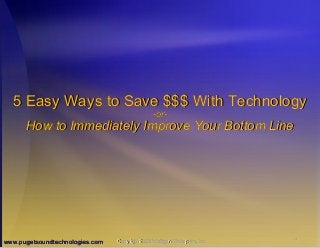 5 Easy Ways to Save $$$ With Technology
-or-

How to Immediately Improve Your Bottom Line

www.pugetsoundtechnologies.com

Copyright 2006 Intelligent Enterprise, Inc.

1

 